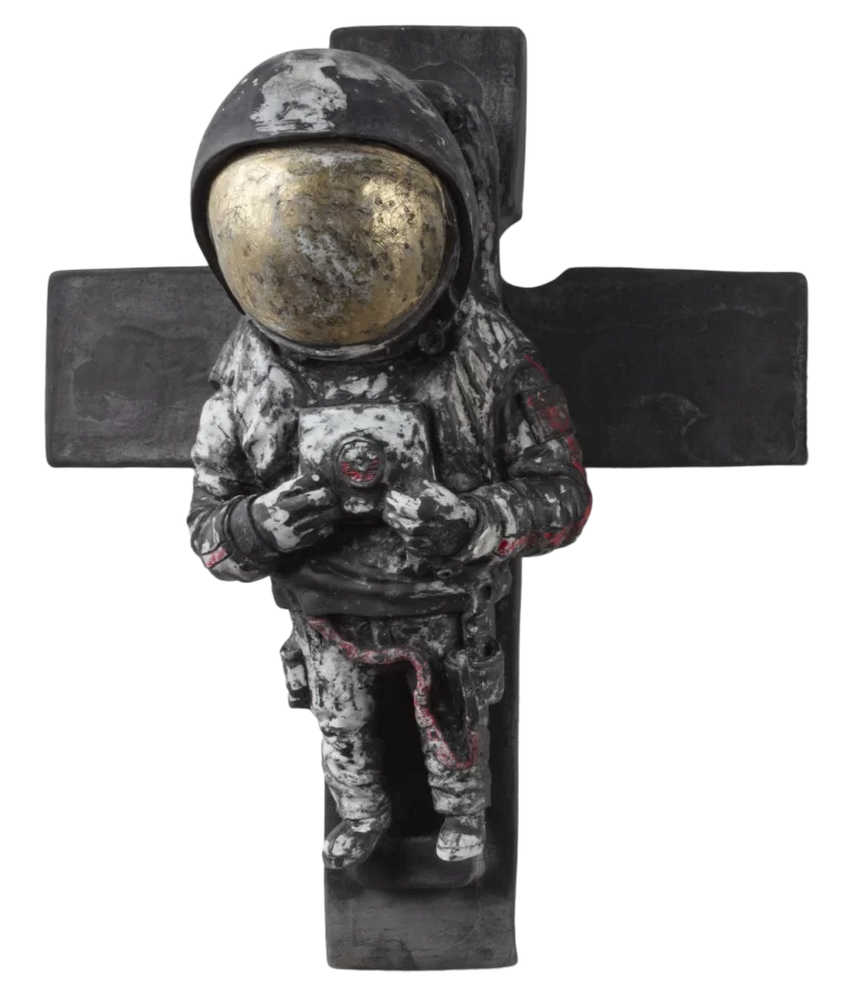 Sculpture by Fronte Acciaio Cromato (F.A.C.) depicting an astronaut on a cross