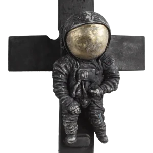 Sculpture by Fronte Acciaio Cromato (F.A.C.) depicting an astronaut seated on a cross