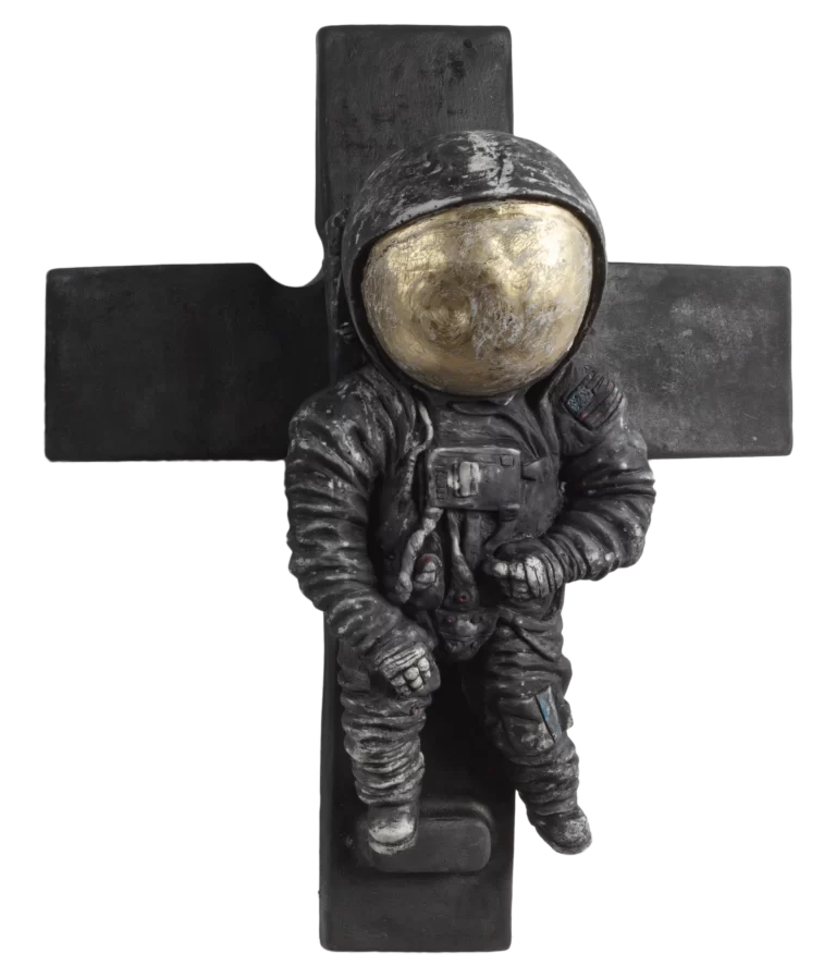 Sculpture by Fronte Acciaio Cromato (F.A.C.) depicting an astronaut seated on a cross